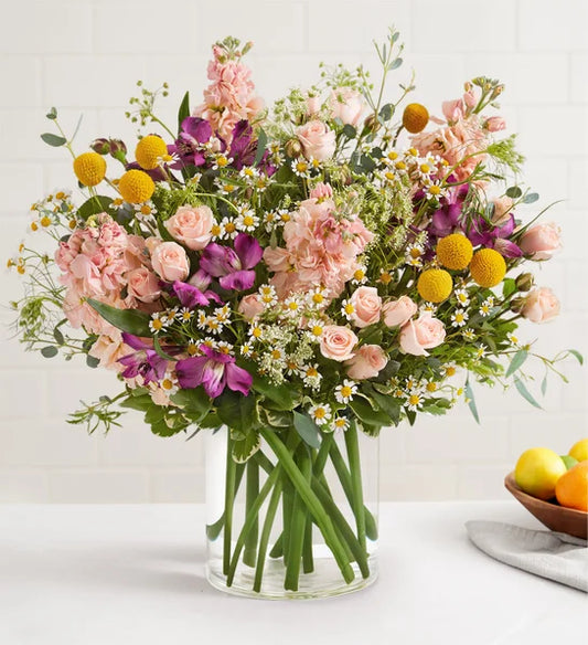 "Whimsy Meadow Blooms"  flower arrangement in a vase