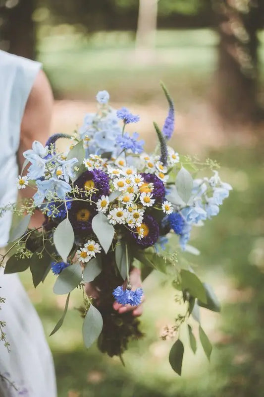 Blue & Purple flowers hand tied prom bouquet