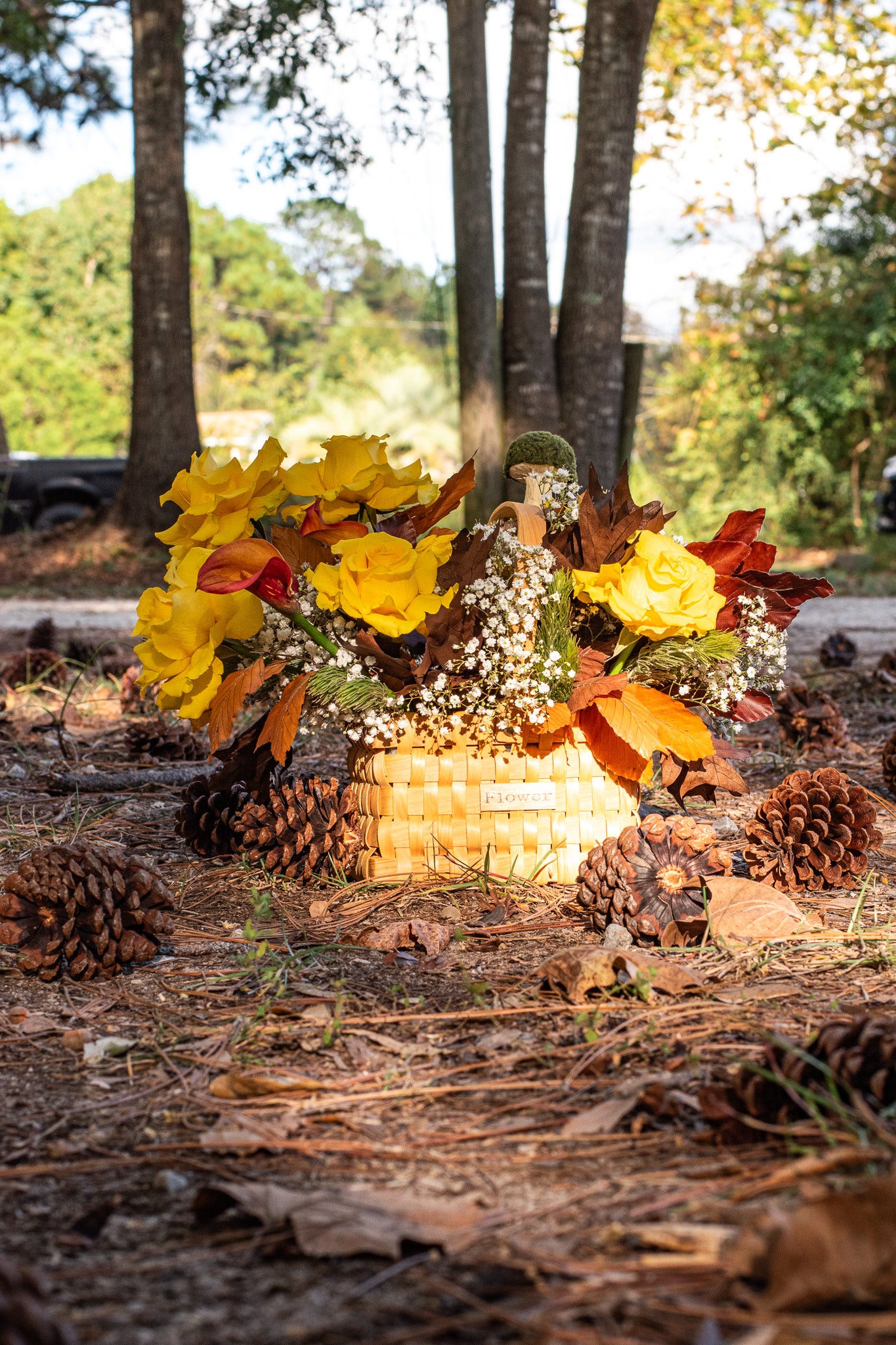 "Belle’s Autumn Rose" flower arrangement in a basket