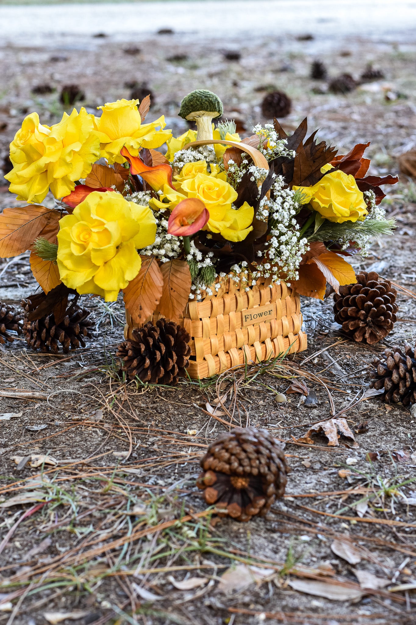 "Belle’s Autumn Rose" flower arrangement in a basket