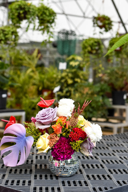 "The Dancing Queen" flower arrangement in a disco ball vase