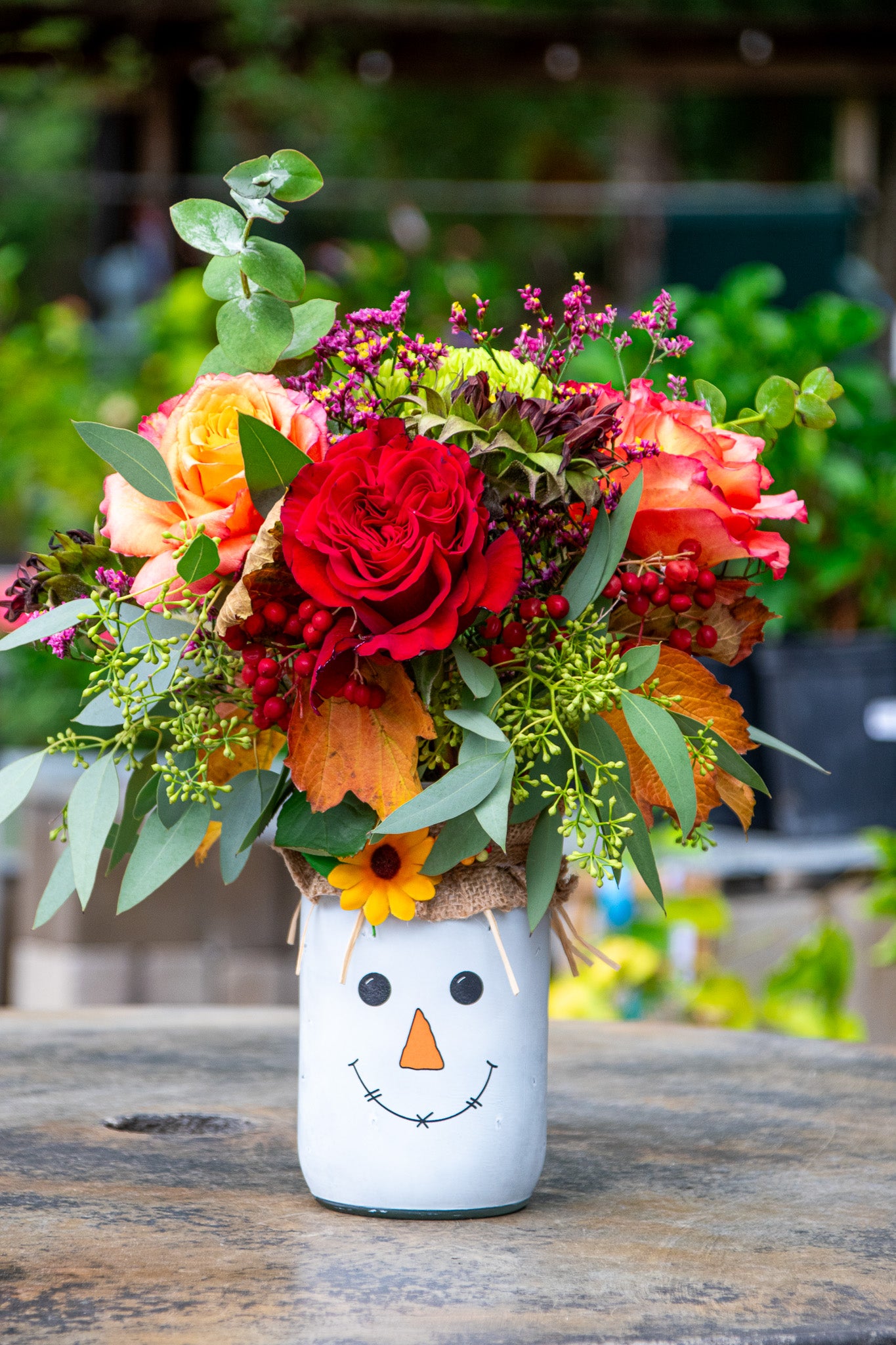 "Scarecrow Harvest" floral arrangement in the jar