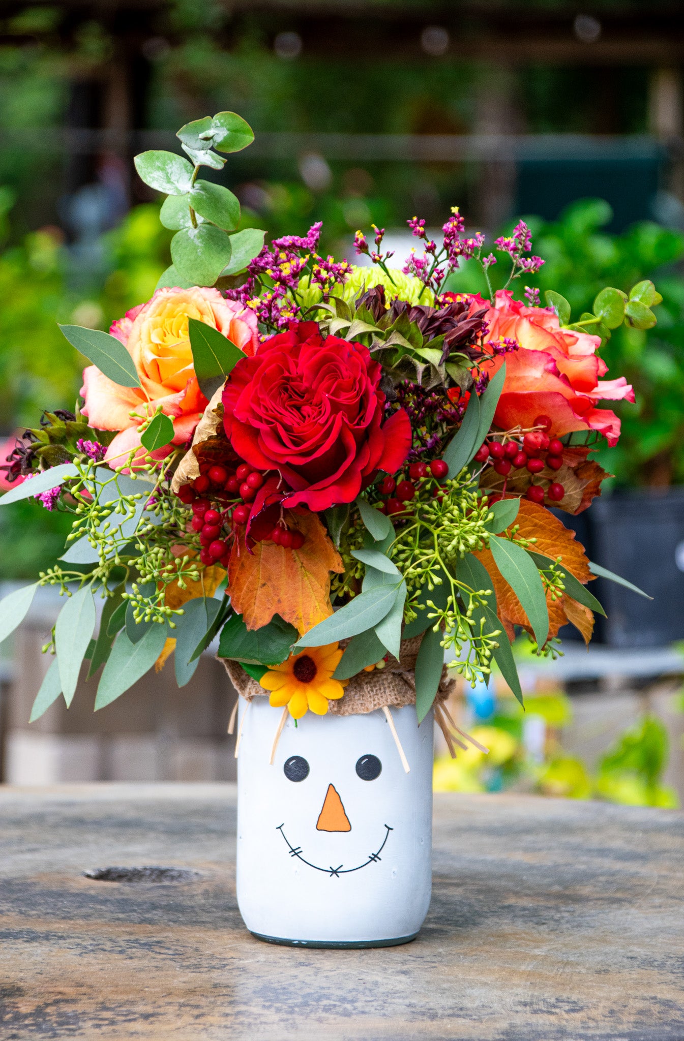 "Scarecrow Harvest" floral arrangement in the jar