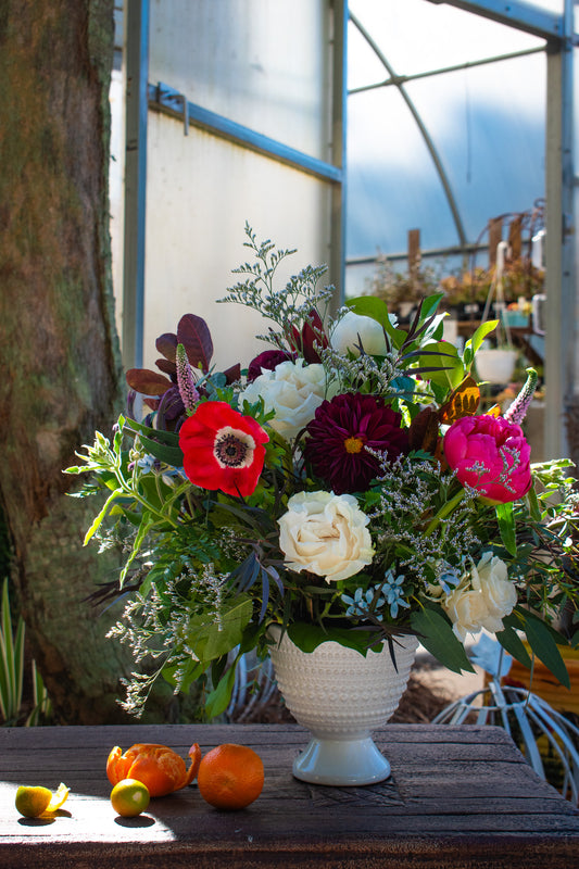 "Sunshine" flower arrangement in the compote vase