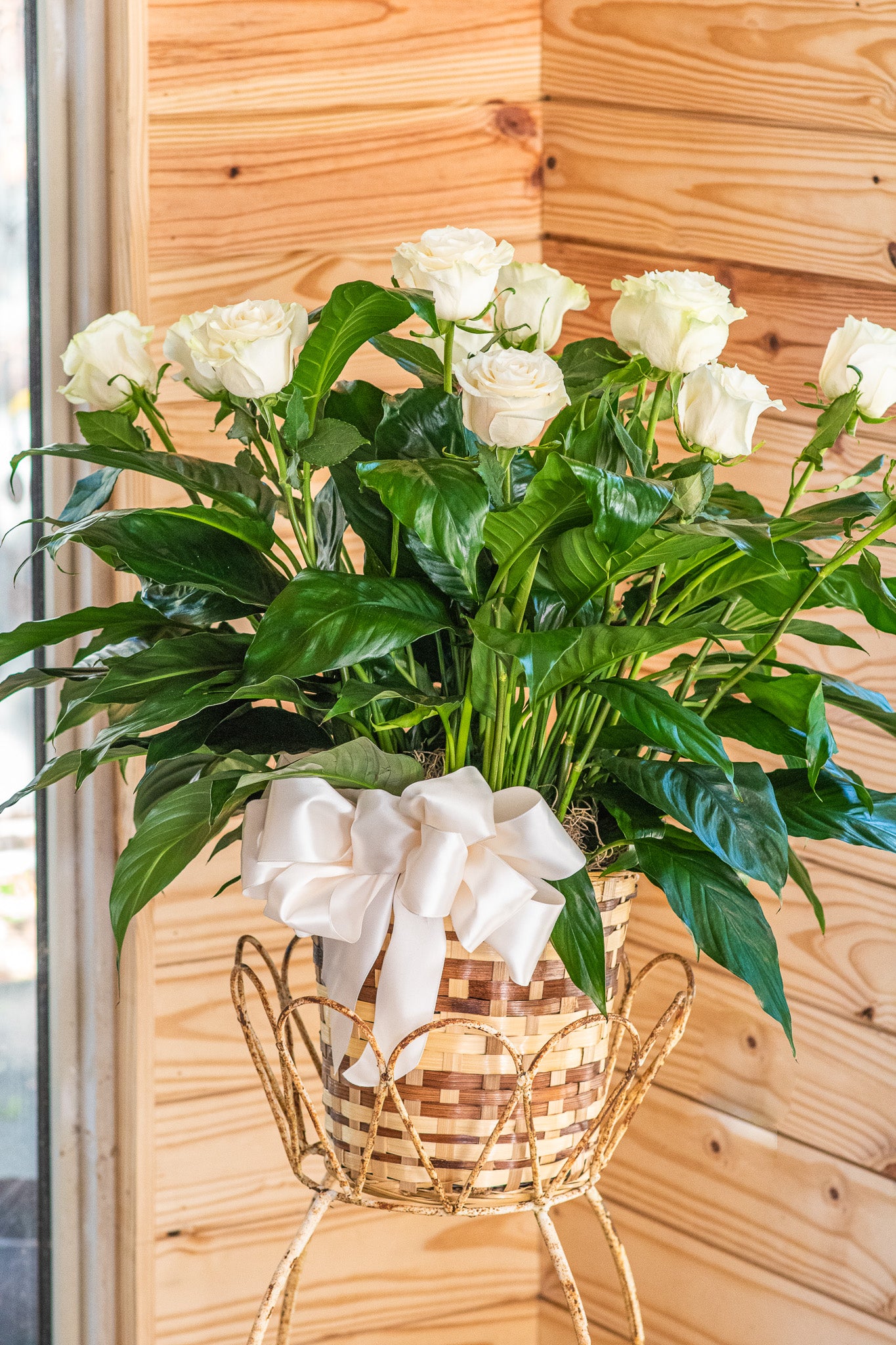 ''Ivory Memories'' special arrangement of a potted plant and roses