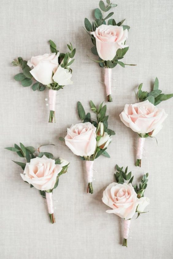 Dusty pink roses  & baby's breath prom bouquet & boutonniere set