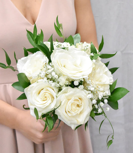 White roses hand tied prom bouquet