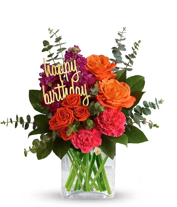 ''Happy Birthday'' square vase arrangement